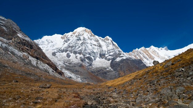 Himalayas mountain landscape in the Annapurna region. Annapurna peak in the Himalaya range, Nepal. Annapurna base camp trek. Snowy mountains, high peaks of Annapurna.