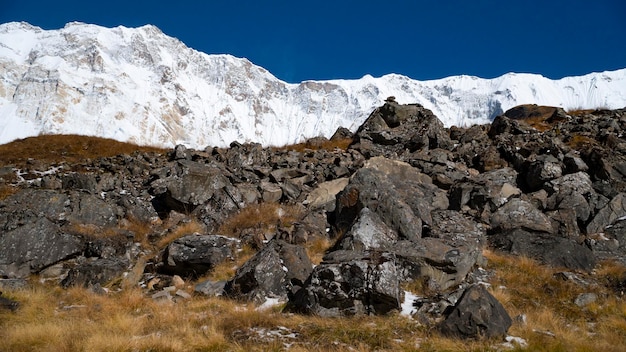 Himalayas mountain landscape in the Annapurna region. Annapurna peak in the Himalaya range, Nepal. Annapurna base camp trek. Snowy mountains, high peaks of Annapurna.