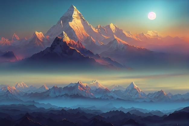 写真 ヒマラヤ ネパール 雪を頂いた山々 のカラフルな祈りの旗とエベレスト山の本拠地