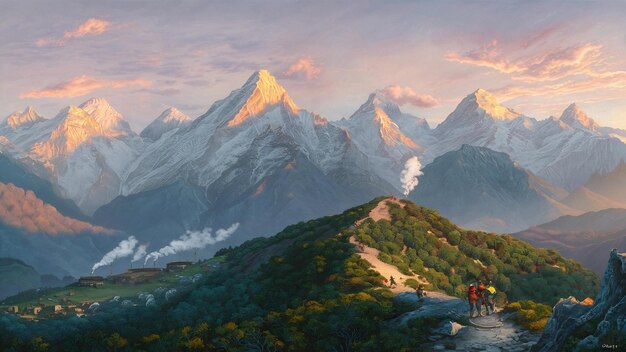 The himalayas range at the sunset time