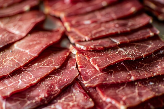 Photo hin slices of beef raw meat close up dried meat preparation process meat pattern