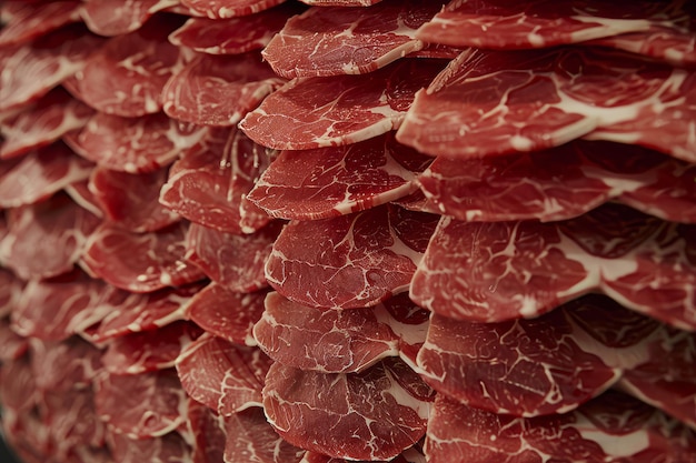 Photo hin slices of beef raw meat close up dried meat preparation process meat pattern