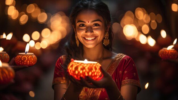 Photo hindi woman giving happy expression and celebrating diwali festival