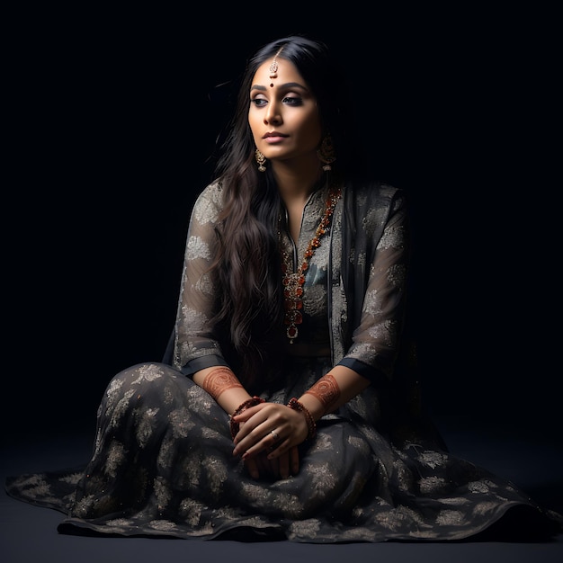 Foto donna hindi seduta su uno sfondo nero