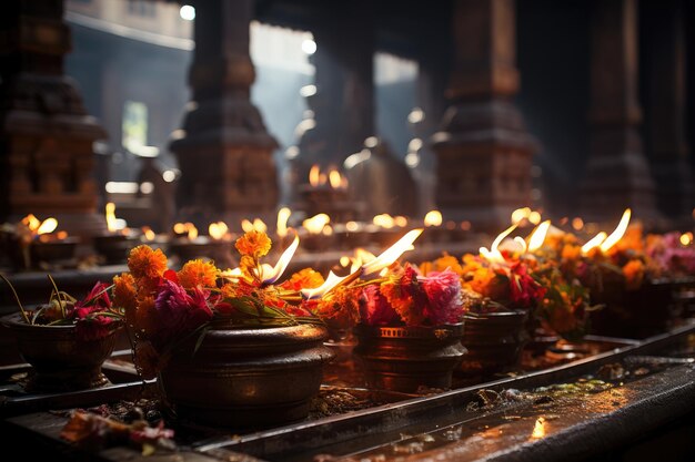 Hindoe-ceremonie toegewijde gelovigen in tempeloffers en mantras generatieve IA