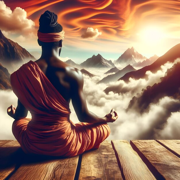 Hindoe-man mediteert op een berg met uitzicht op een zee van wolken