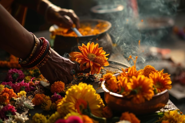Hindoe-priester die tijdens Indiase feesten puja-rituelen uitvoert