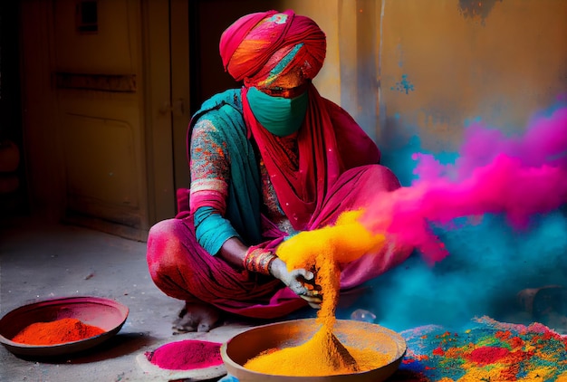 Hindoeïstische mensen met kleurrijk zetmeelpoeder op Holi-festival of festival van kleuren Generatieve AI