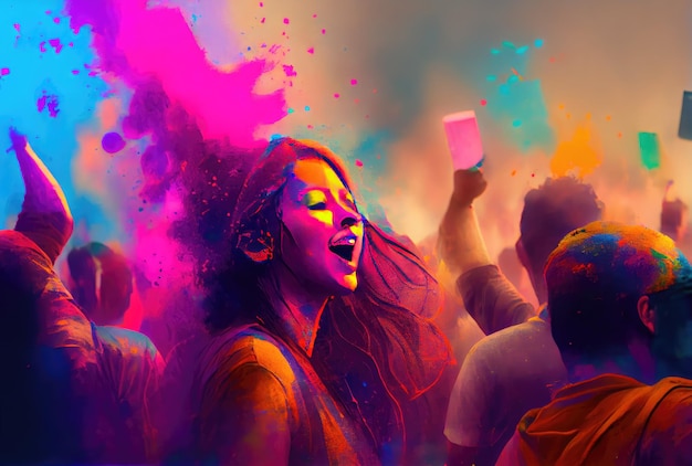 Hindoeïstische mensen met kleurrijk zetmeelpoeder op Holi-festival of festival van kleuren Generatieve AI