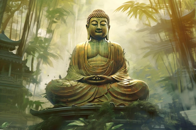 Hindu ancient religious buddha statue in dense tropical forest jungle Religious architectural