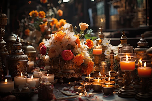 Hindu ceremony Devoted faithful in temple offerings and mantras generative IA