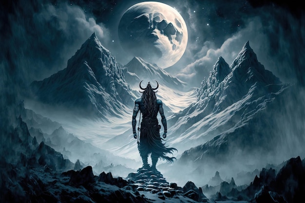 Hindu deity Lord Shiva making an appearance from the Himalayas during the night