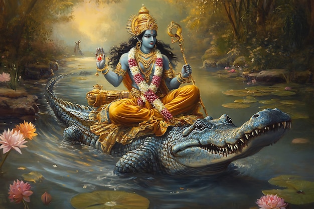 hindu deity vishnu riding a crocodile in a river