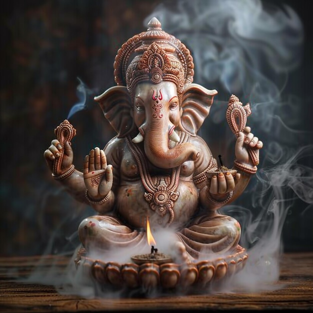 Hindu god Ganesh on black background Statue on wooden table with a smoke of incense Copy space