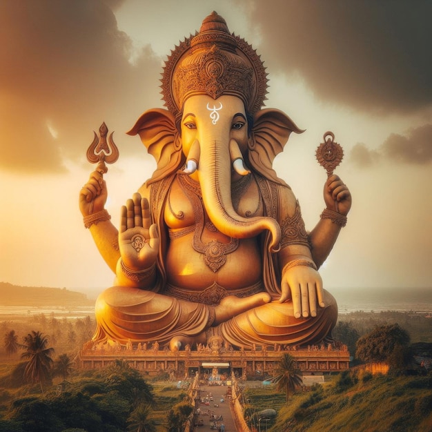 Hindu God Ganesha statue in the morning 3d render