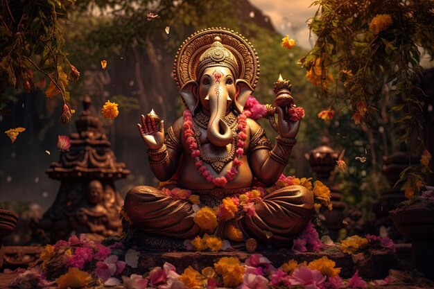 Hindu god ganesha with flowers