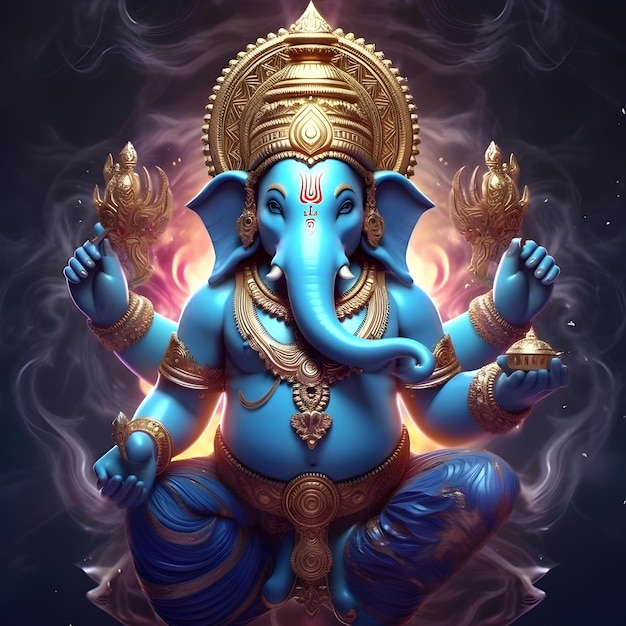 Hindu god lord ganesha blue colored body glowing festival