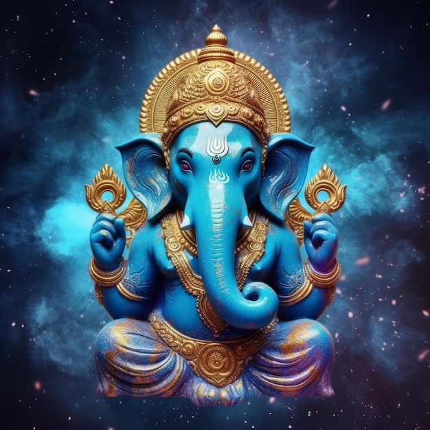 힌두교 신 주 님 가네샤 블루 컬러 바디와 골드
