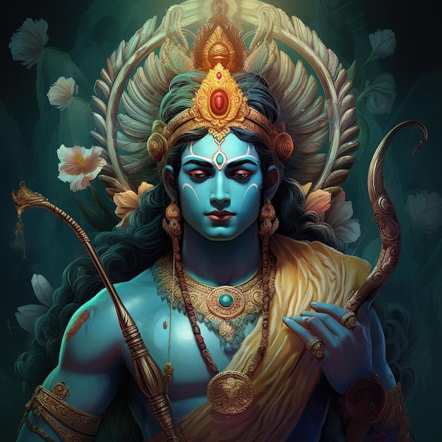 Hindu god Sri Rama with bow and arrows Shree Ram Navami or Dussehra celebration Generative Ai