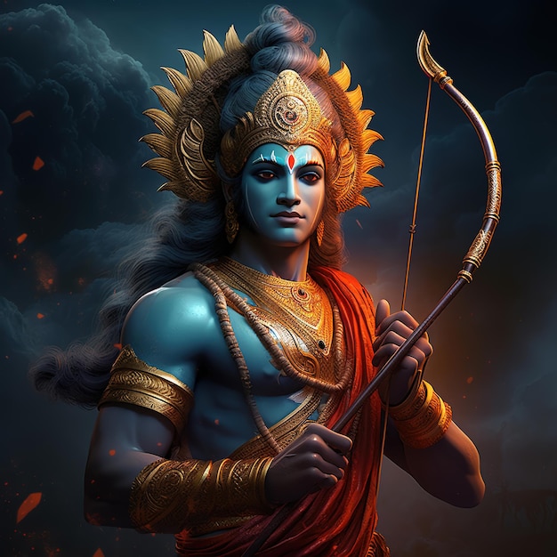 弓と矢を持つヒンズー教の神シュリ ラーマ シュリー ラム ナヴァミまたはドゥッセラのお祝いジェネラティブ アイ