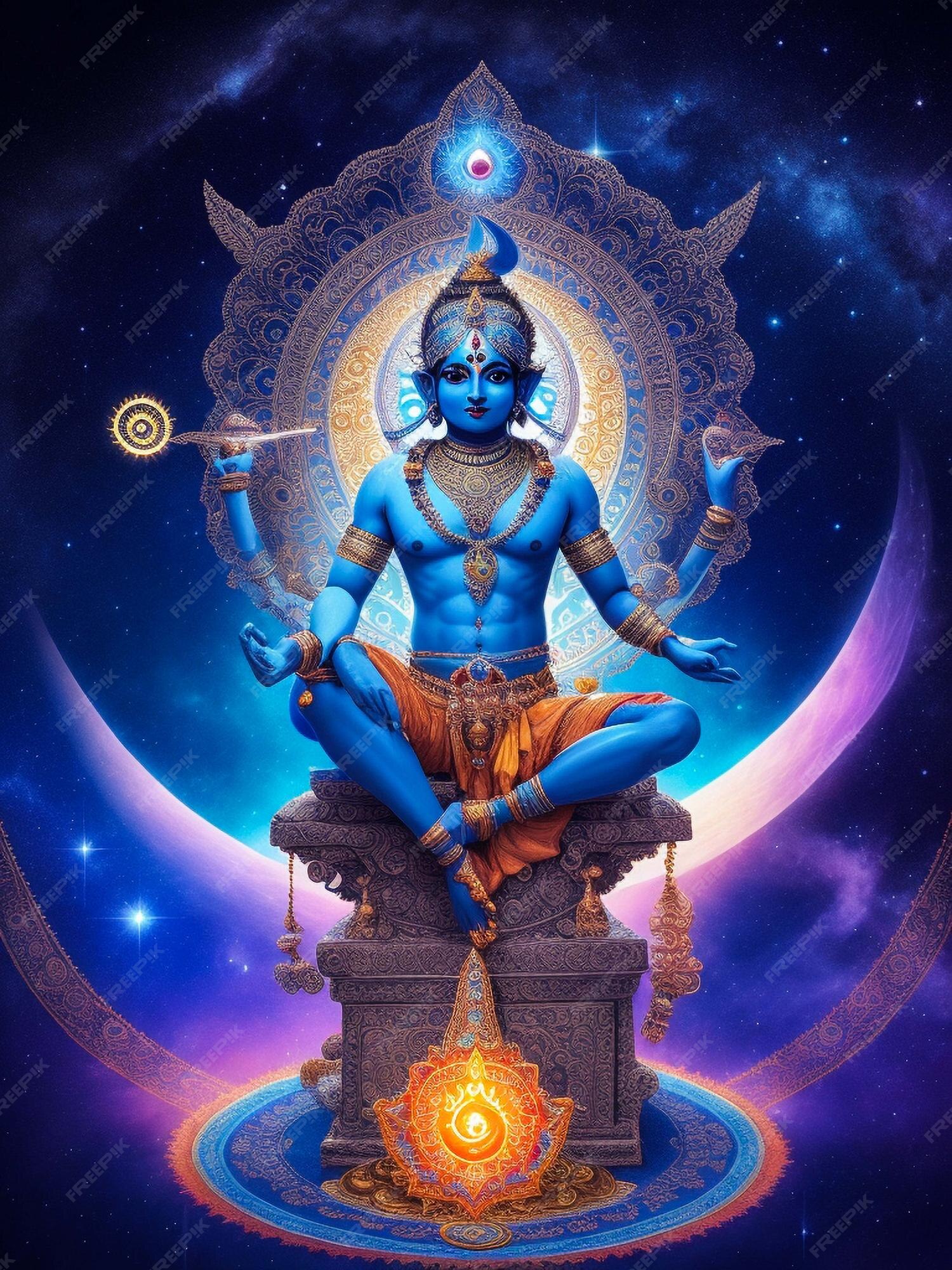 premium-ai-image-hindu-lord-krishna-with-chakra-powerful-in-cosm