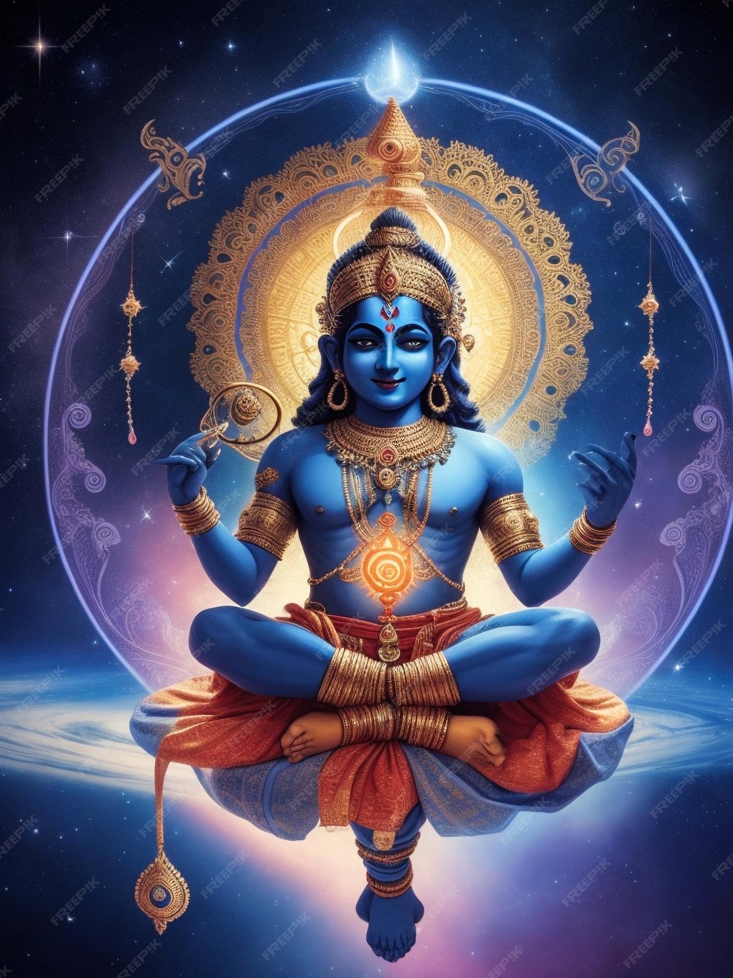 Premium AI Image Hindu Lord Krishna With Chakra Powerful In Cosm premium-ai-image-hindu-lord-krishna-with-chakra-powerful-in-cosm