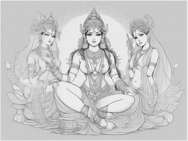 Photo hindu mythological godess laxmi or lakshmi illustration or vector line drawing