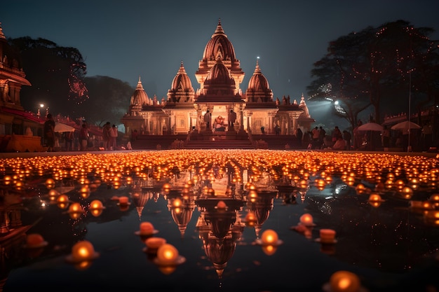 A hindu temple with beautiful lights and water generated by Ai