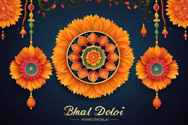 Photo hindu traditional bhai dooj wishes background with marigold and tilak design vector