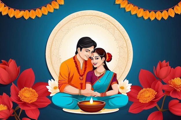 Hindu traditional bhai dooj wishes background with marigold and tilak design vector