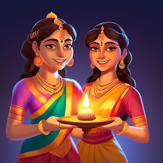 Hindu two women in saree lightning oil lamp Diwali background vector illustration