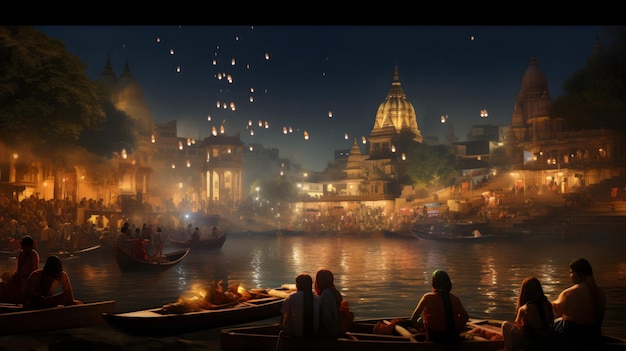 A hindu Vrindavan temple with beautiful lights and water generated by Ai