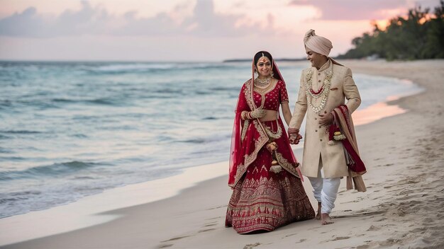 Hindu wedding couple walks along the ocean shore