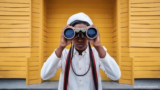 Hindu young man with binoculars isolated on yellow wall