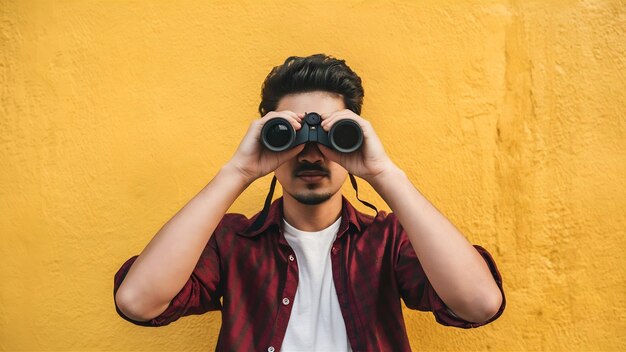 Hindu young man with binoculars isolated on yellow wall