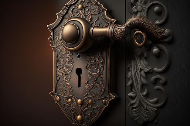 Hinged door lock with keyhole and skeleton key for vintage mysterious look
