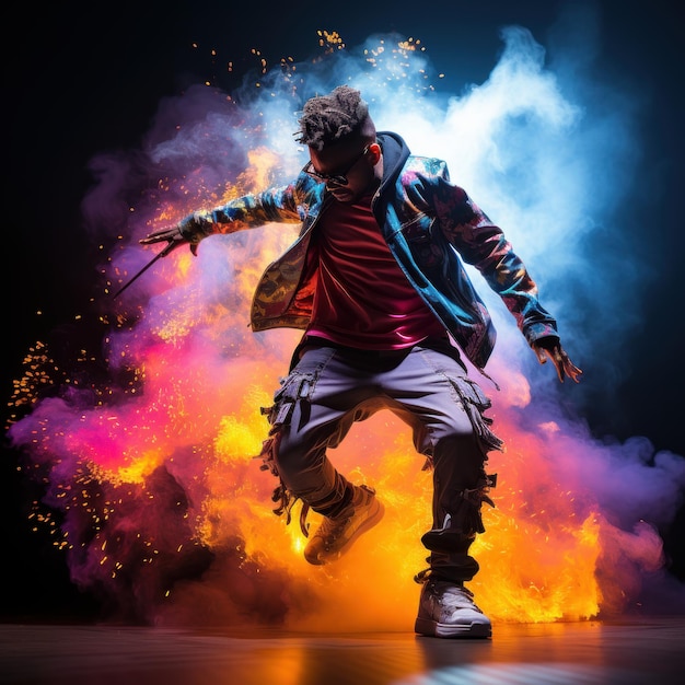 A hip hop dancer dancing krump dance moves traling colourful smoke and electricity sparking from h