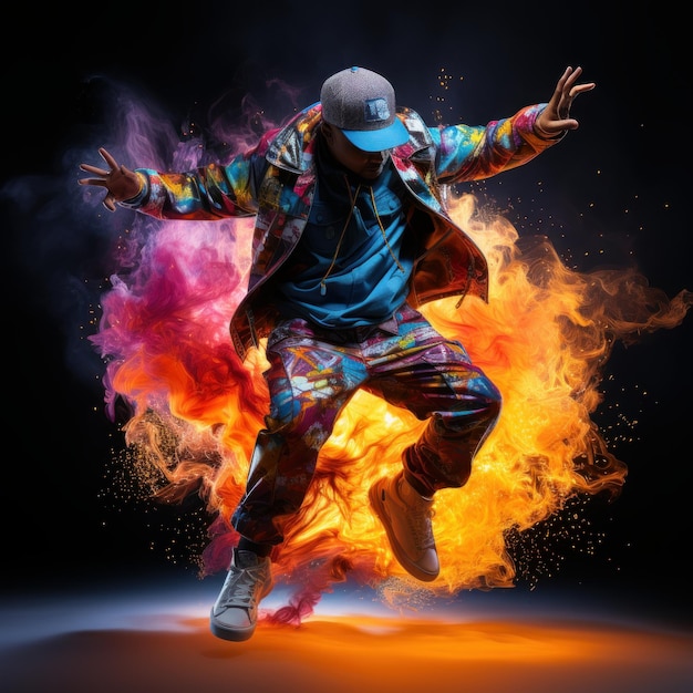 A hip hop dancer dancing krump dance moves traling colourful smoke and electricity sparking from h