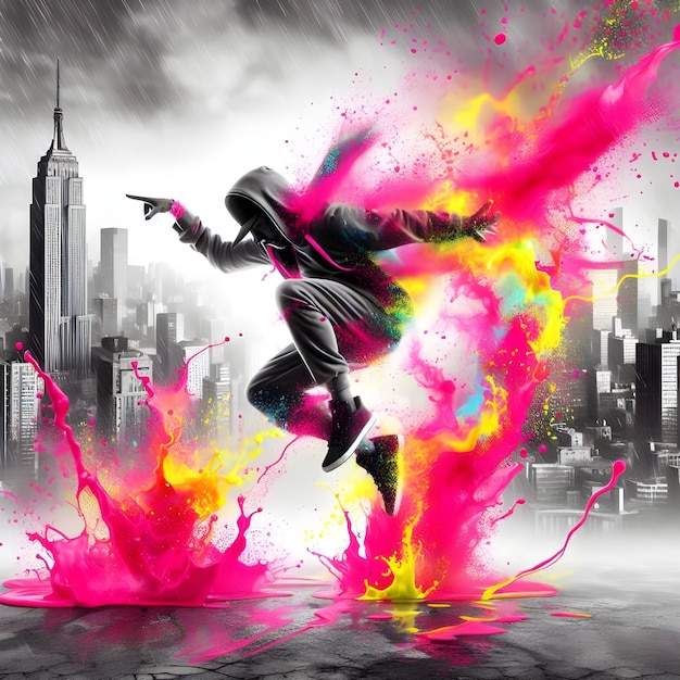Hip hop dancer splash background with neon pink and neon yellow