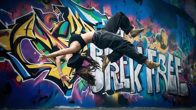 Hip hop female dancer dancing against graffiti wall