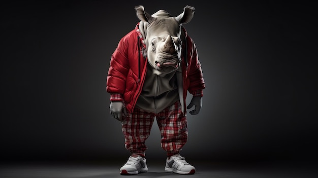 Hip Hop Rhino Een stijlvolle superheld in een rode en geruite broek
