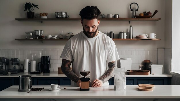 Photo hip tattooed barista in plain white t shirt looking down at a small manual burr grinder and unlabel