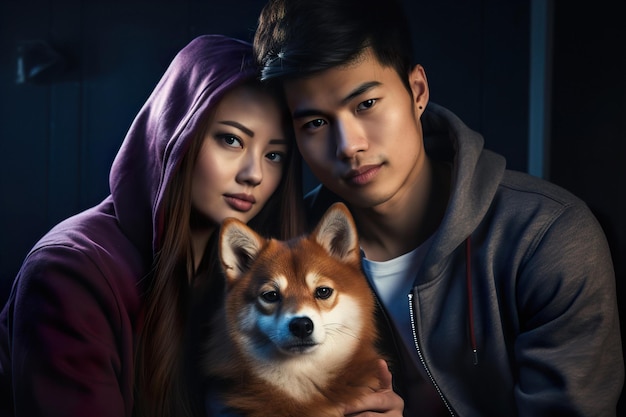 A hip young couple in urban fashion huddled together with their expressive shiba inu dog