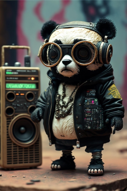 Hiphop panda met retro muziekspeler