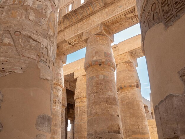 Hipostyle hall with huge columns in the temple of Karnak at Thebes dedicate to Amun