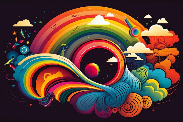 Hippie 60s 70s graphic design Retro stylish rainbow clouds wavy psychedelic doodle color background