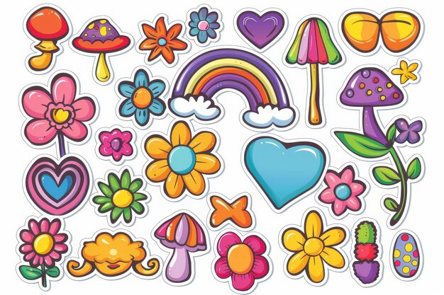 Photo hippie 70s set cartoon flowers rainbows peace hearts daisies mushrooms and more stickers retro psychedelic cartoon style illustration flower power