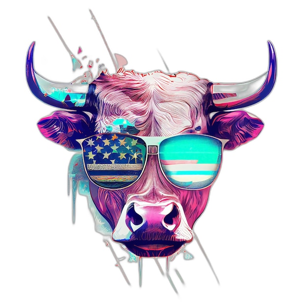 Hippie cow Animal portrait with blue round sunglasses