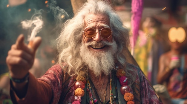 Hippie happy elderly man 60 years old