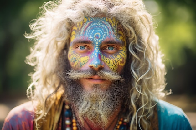 Hippie man van middelbare leeftijd met een baard met kleurrijke geschilderde make-up close-up